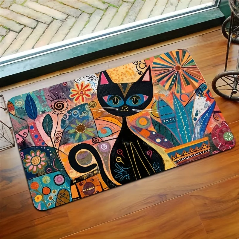 1pc Vibrant Abstract Cat & Floral Area Mat - 8mm Thick, Non-Slip, Machine Washable Polyester Mat for Living Room, Bedroom