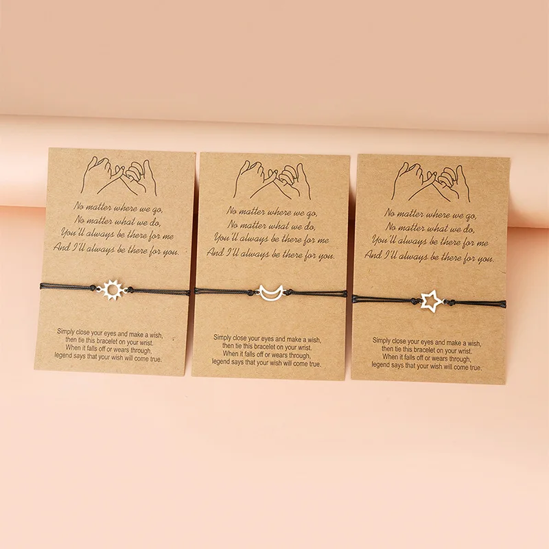 3Pcs Friendship Bracelet Set Sun Moon Star Alloy Charm Braided Woven Card Bracelet Adjustable Gift for Best Friends