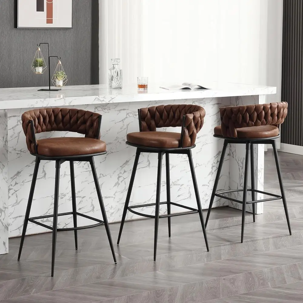 

Set of 3, 30 Seat Height Swivel Bar Stools with Woven Back and Footrest, Suede Fabric for Kitchen Island or Pub