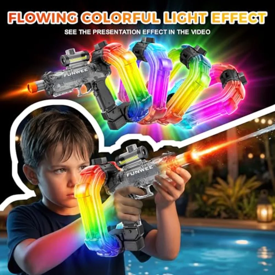 Pool outdoor toy for adults and kids: black+blue electric water guns with LED lights, 750cc capacity, automatic high-pressure s