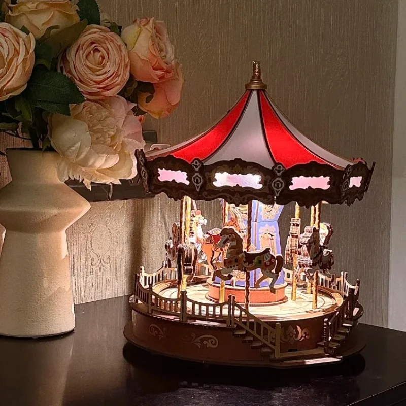 Robotime Carousel صندوق تشغيل الموسيقى ثلاثية الأبعاد لغز خشبي مع أضواء LED والعتاد نموذج بناء البناء الحرفية مجموعات هدايا عيد الميلاد عيد الميلاد #1