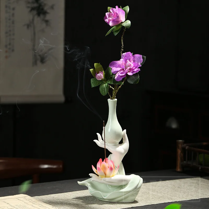 

PINNY Chinese Style Bergamot Ceramic Vase Ornament Zen Lotus Incense Burner Home Decoration Accessories