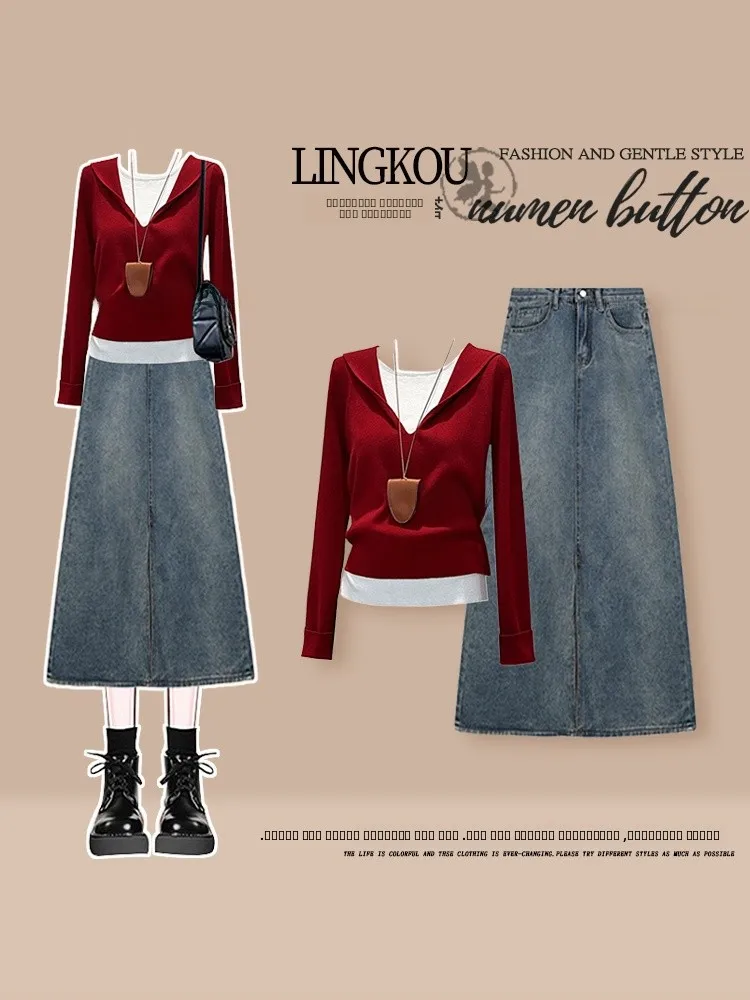 

Korean Style plus Size Autumn Set Women's Super Cute Slim Fit Knitted High Waist Denim Skirt Two Piece Set Fashionable C...