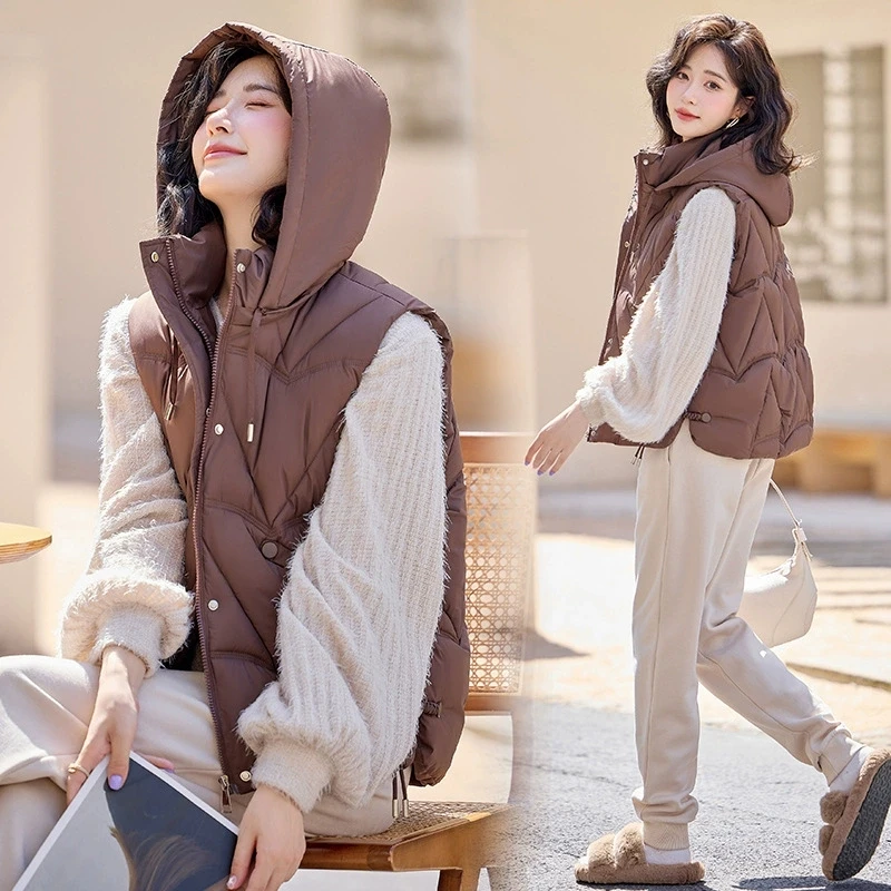 

Winter Short Down Cotton Sleeveless Vest Women Hooded Warm Zipper Jacket Ladies Casual Fashion Female Waistcoat Outerwears