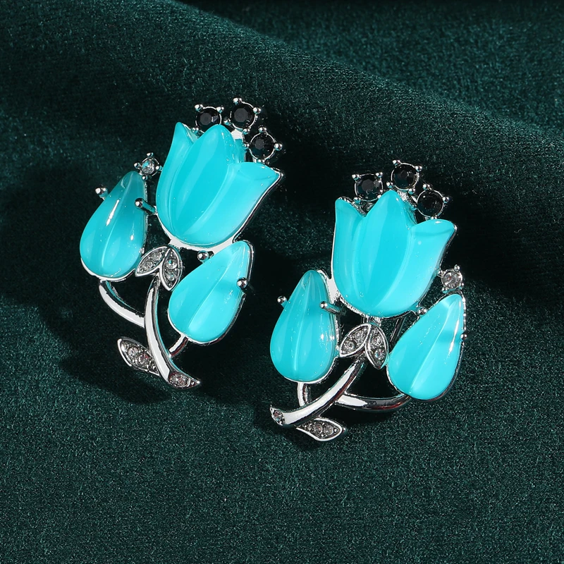 

Vintage Sea Blue Tulip Flower Earrings Woman Silver Color Elegant Luxury Quality Jewelry Fashion Designer Gift Daily Party New