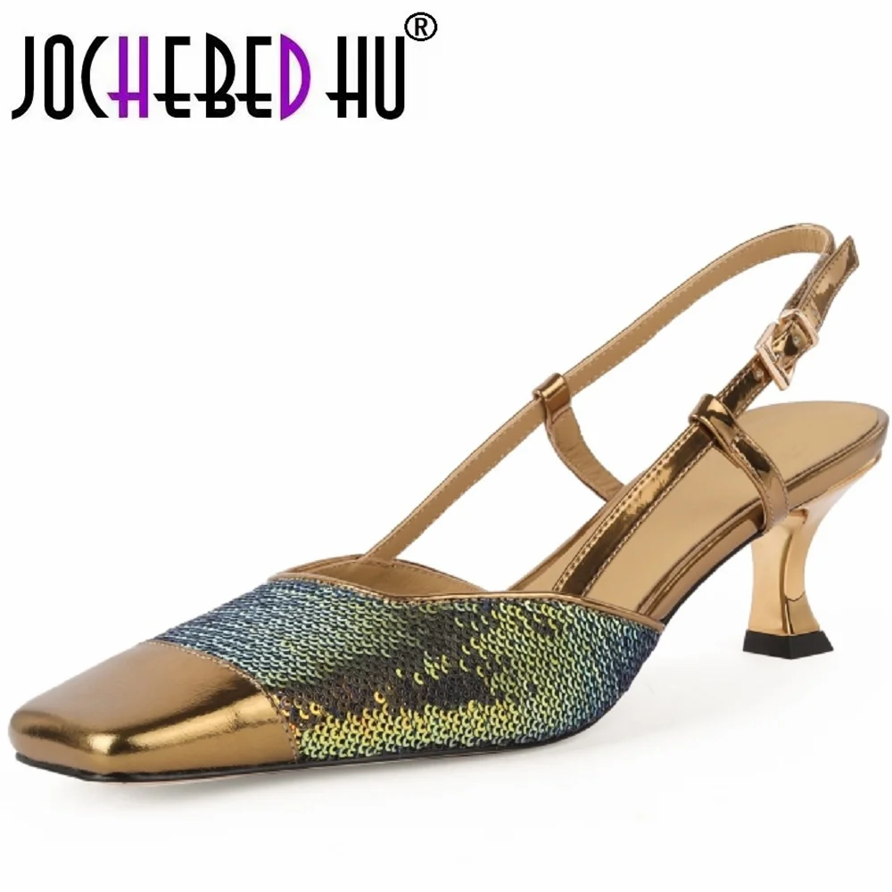 【JOCHEBED HU】Sexy Genuine Leather Square Toe Women Sandals Thin High Heels Slingback Pumps Fashion Office Party Shoes 33-40