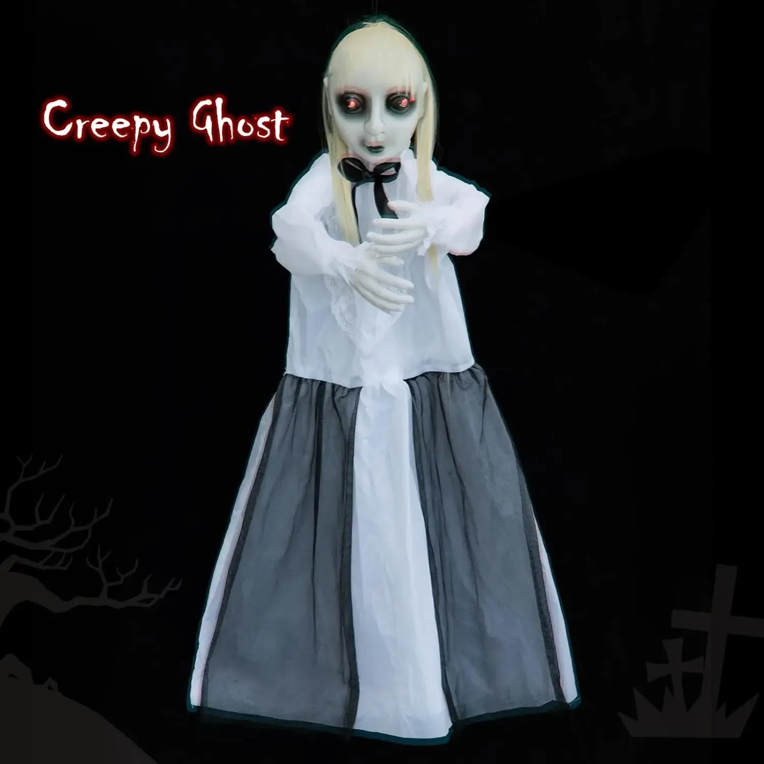 Halloween Animatronic Hanging Ghost Decor with Motion Sensor Light and Sound Scary Witch Prop for Haunted House Party Decoration