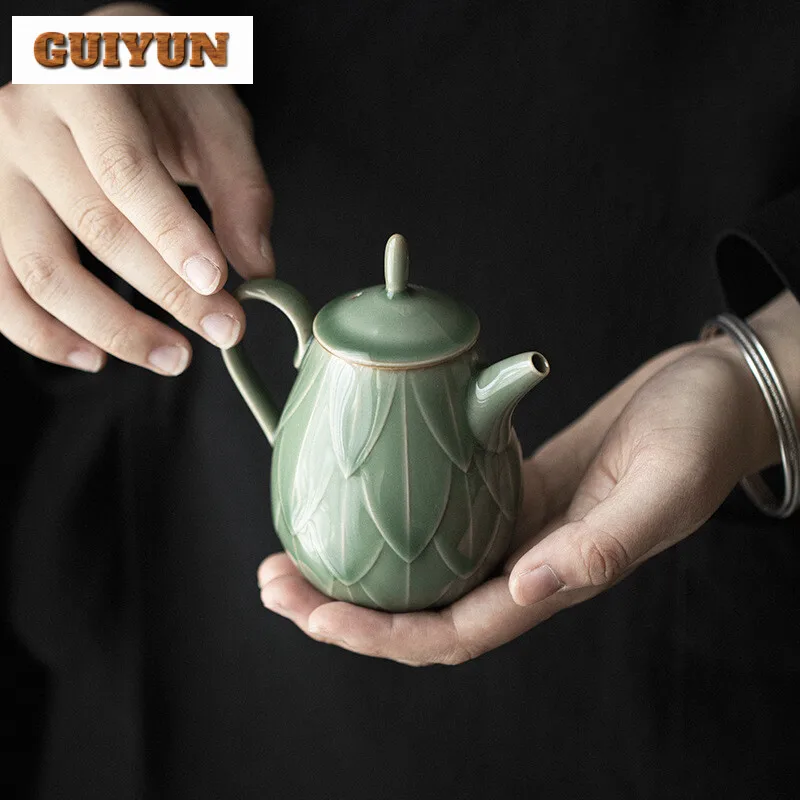 180ml Yue Kiln Plum Blossom Celadon Teapot Handmade Relief Lotus Petal Pot Antique Tea Maker Kettle with Strainer Teaware Gift - Image 2