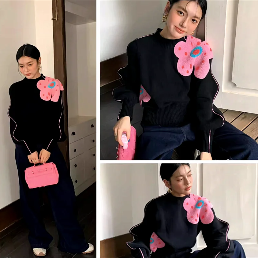 

Runway Knitted Sweaters Women Pullovers Sweaters Ruffles Sleeve Pink Big Flowers Knitwear Mujer Black Party Sweaters NZ218