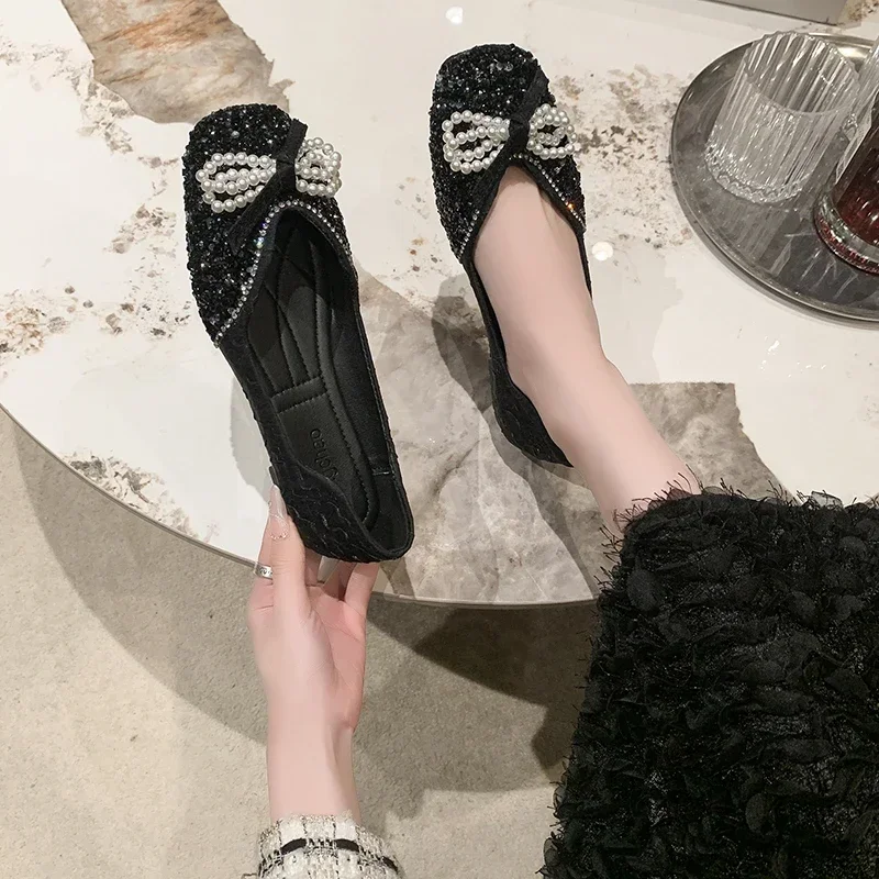 2024 Women's Flat Sandals New Shoes Pointed Bow Pearl Single-layer Shoes  Chanel Style Flat Shoes Fairy