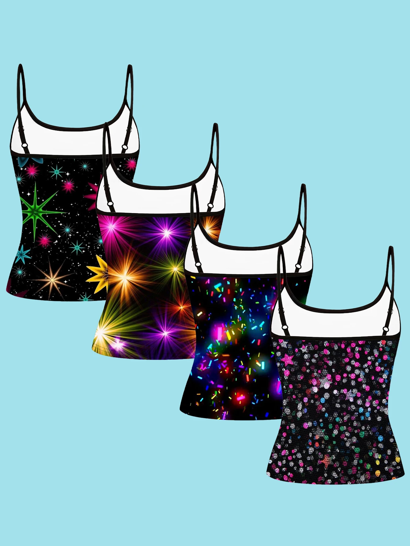 4-Piece Set of Women's Neon Star Sequin Print Camisoles, Party Star Confetti Sequin Slim-Fit Spaghetti Strap Inner Tops