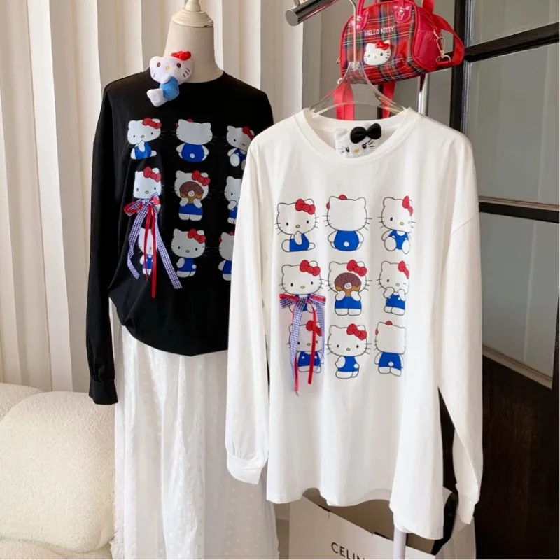 

Hello Kitty T-shirt Miniso Pure Cotton Cartoon Printing Round Neck Long Sleeves Fashionable Versatile Couple Style Pullover