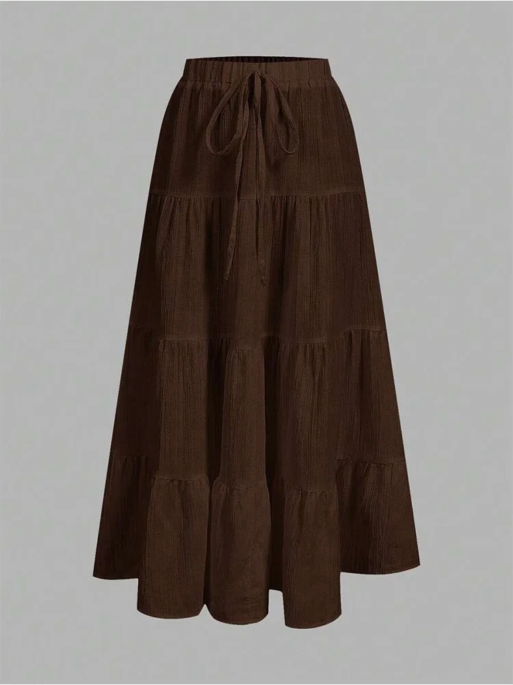 

Коричневая многослойная юбка на шнурке, многослойная длинная юбка, элегантный и повседневный стиль, новый весенне-осенний наряд