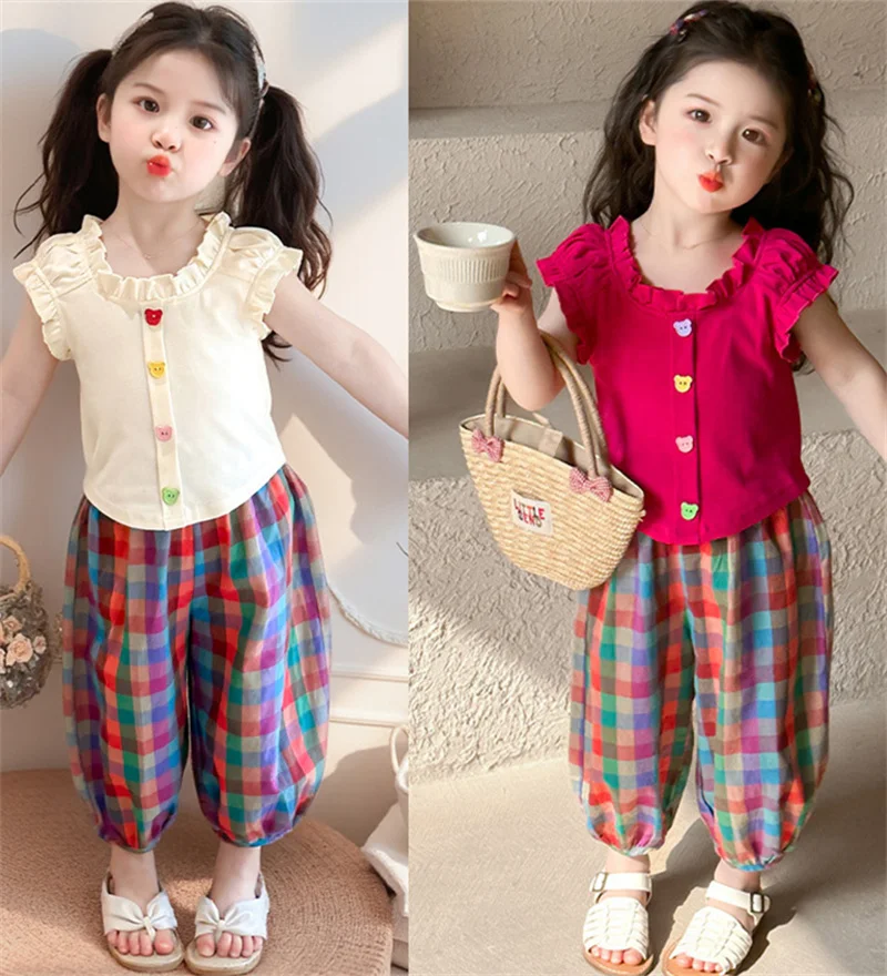 2026 New Girls Clothing Suit Kids Summer Petal Sleeve+Plaid Pants 2Pc Outfits Children Fashion Top+Trousers Set 2-8 Years