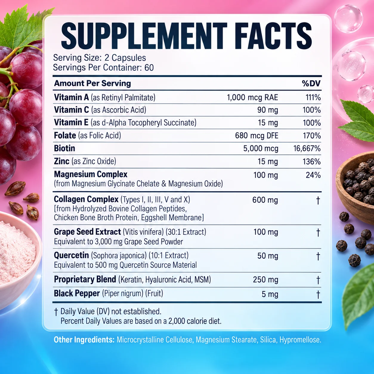 Collagen Complex - Biotin & Hyaluronic Acid, Promotes Hair Growth, Strengthens Weak Nails, Joints & Bones, Anti-Aging, Whitening