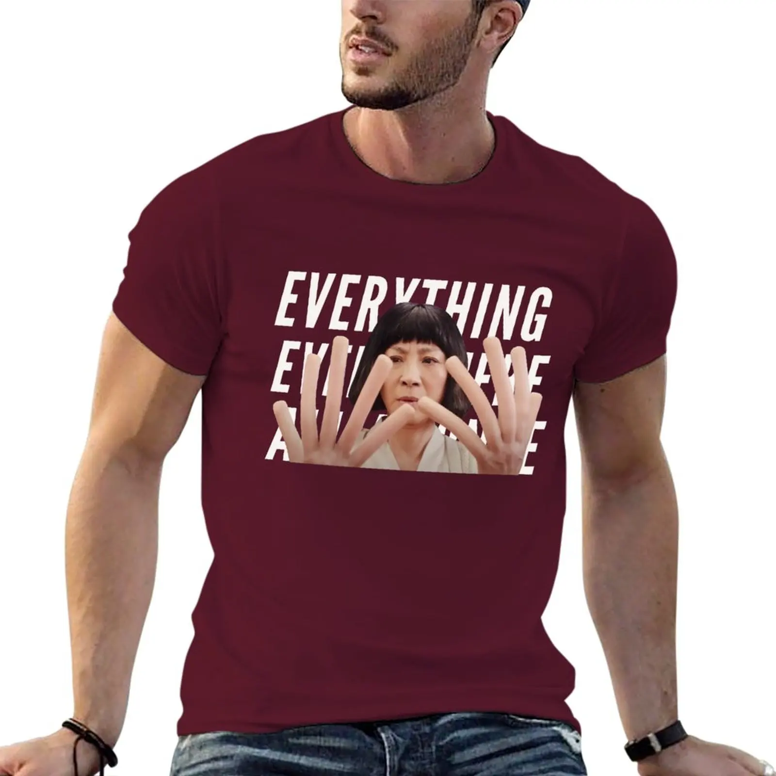 

New Everything Everywhere All At Once Evelyn Wang looking at hotdog fingers with text T-Shirt Tee shirt t shirts for men cotton