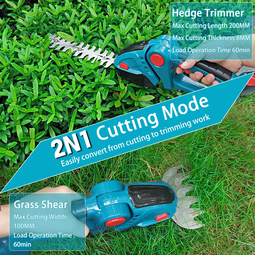 2 IN 1 20000RPM Cordless Electric Hedge Trimmer 21V Handheld Rechargeable Household Shrub Weeding Pruning Lawn Mower Garden Tool