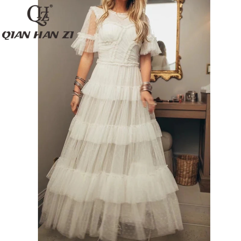 QHZ Fashion Vintage Long Dress Women ruffled sleeves Lace Dot mesh Pleats Multi layer ruffle Elegant luxury Party Maxi Dress