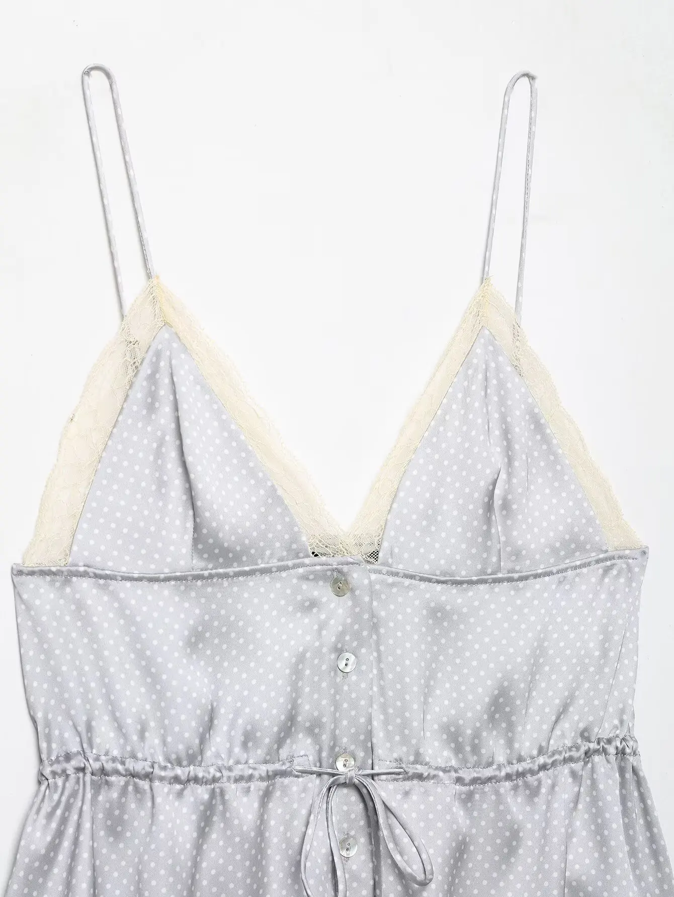 HH Polka Dot Satin Cami Top für Damen 2026 Sommer Spitzenbesatz Spaghettiträger Peplum Top Elegant Alltag Urlaub Strand Loungewear – Detail 6