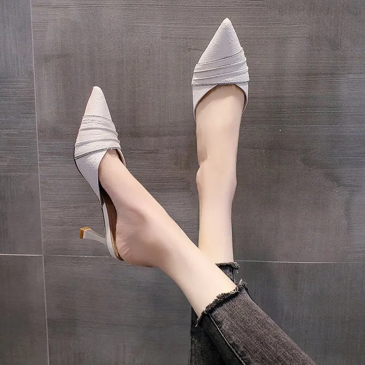 2024 New High-heeled Slippers Women's Thin-heeled Slippers Pointy PU Leather Casual Fashion High-end Lightweight Shoes for Women