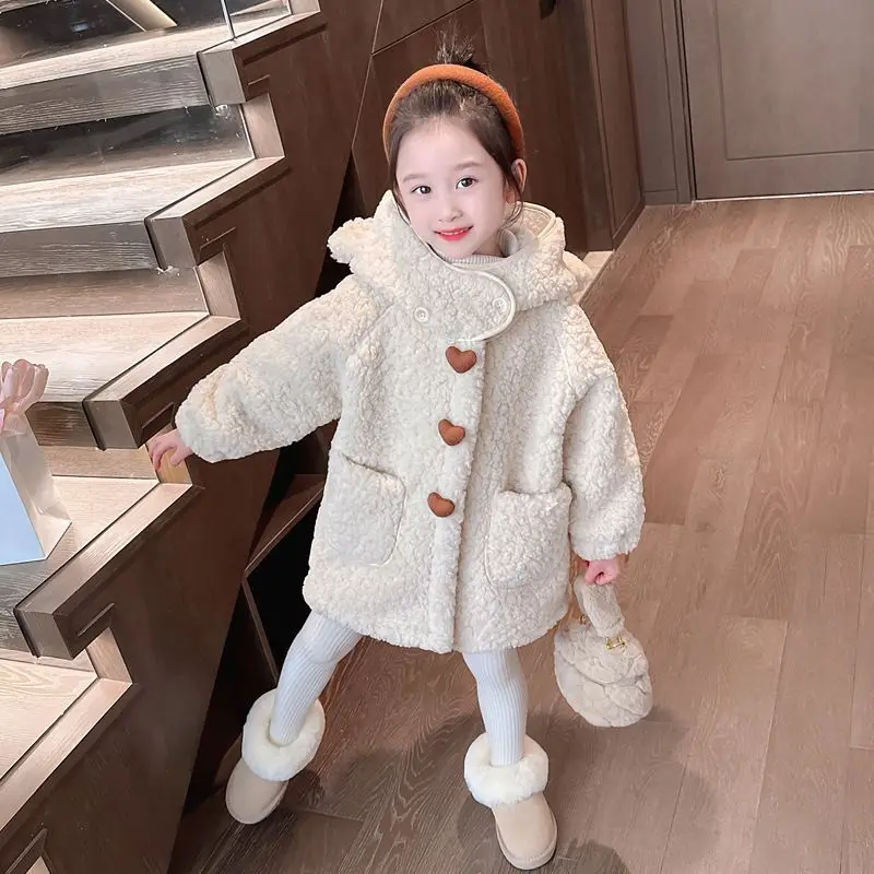 

Winter Children Girls Woolen Coat Cotton Soft Hooded Little Girl Jackets