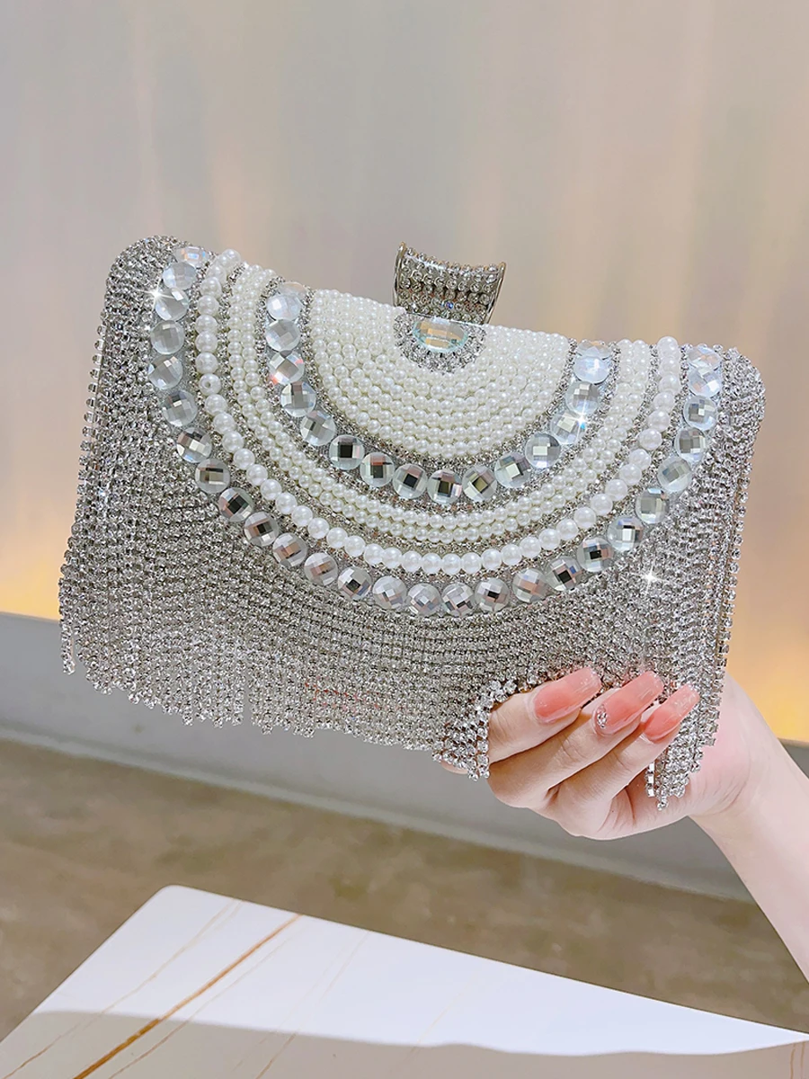 Bolso de cena portátil de lujo con flecos de diamantes de imitación, monedero de joyería de cristal, embrague de purpurina, oro, plata, negro