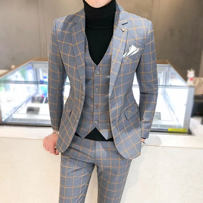 Men Dress Blazers Pants Vest 3 Piece Set / Male Wedding New 2024 Autumn Business Formal Plaid Suit Luxury Slim Fit Coat Trousers