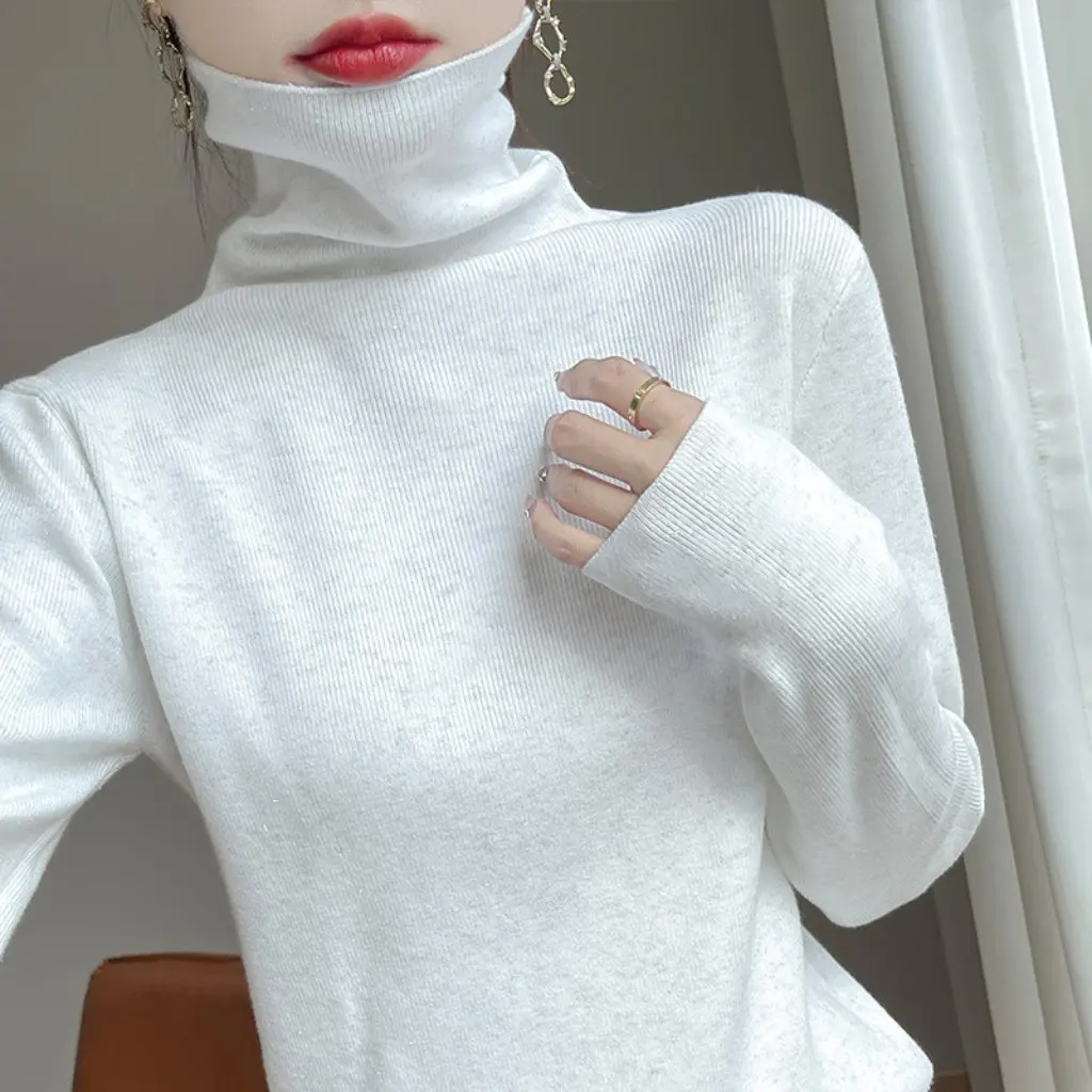 

Women's Shiny Pile Collar Turtleneck Sweater Slim Base Shirt Fashionable Inner Top for Matching Coat