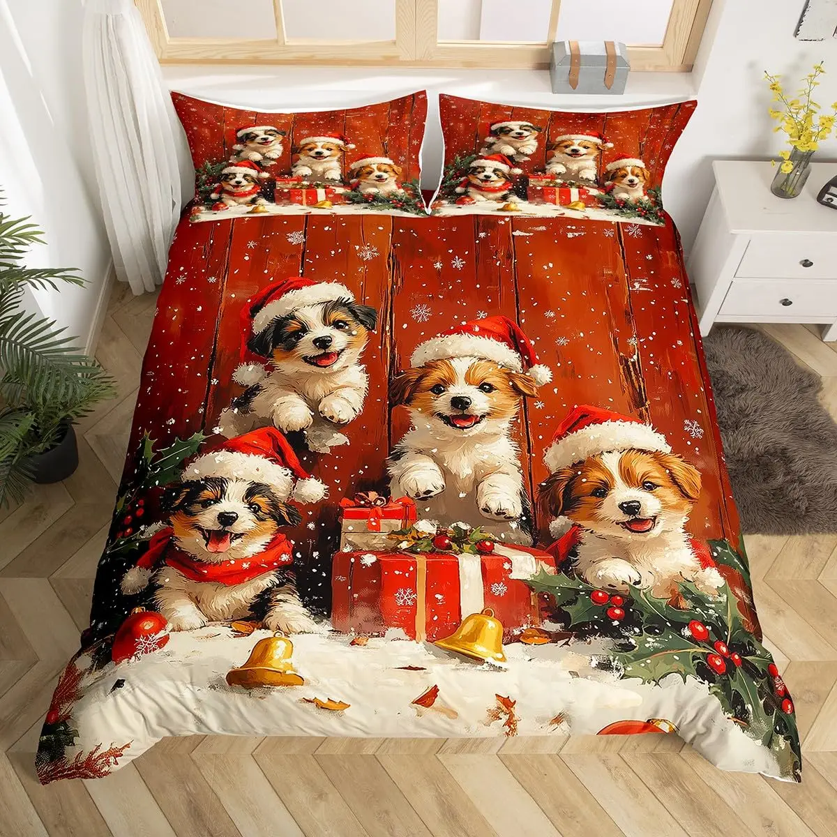 Dachshund Dog Duvet Cover Set Twin King Merry Christmas Theme Bedding Set 3pcs for Kids Teens Kawaii Cartoon Pet Comforter Cover