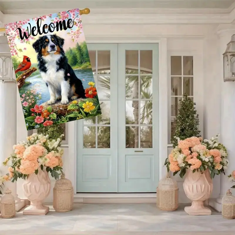 Large Spring Summer House Flags 28 x 40 Double Sided | Burlap Australian Shepherd Dog Flowers Spring Summer Flags for Outsid uui
