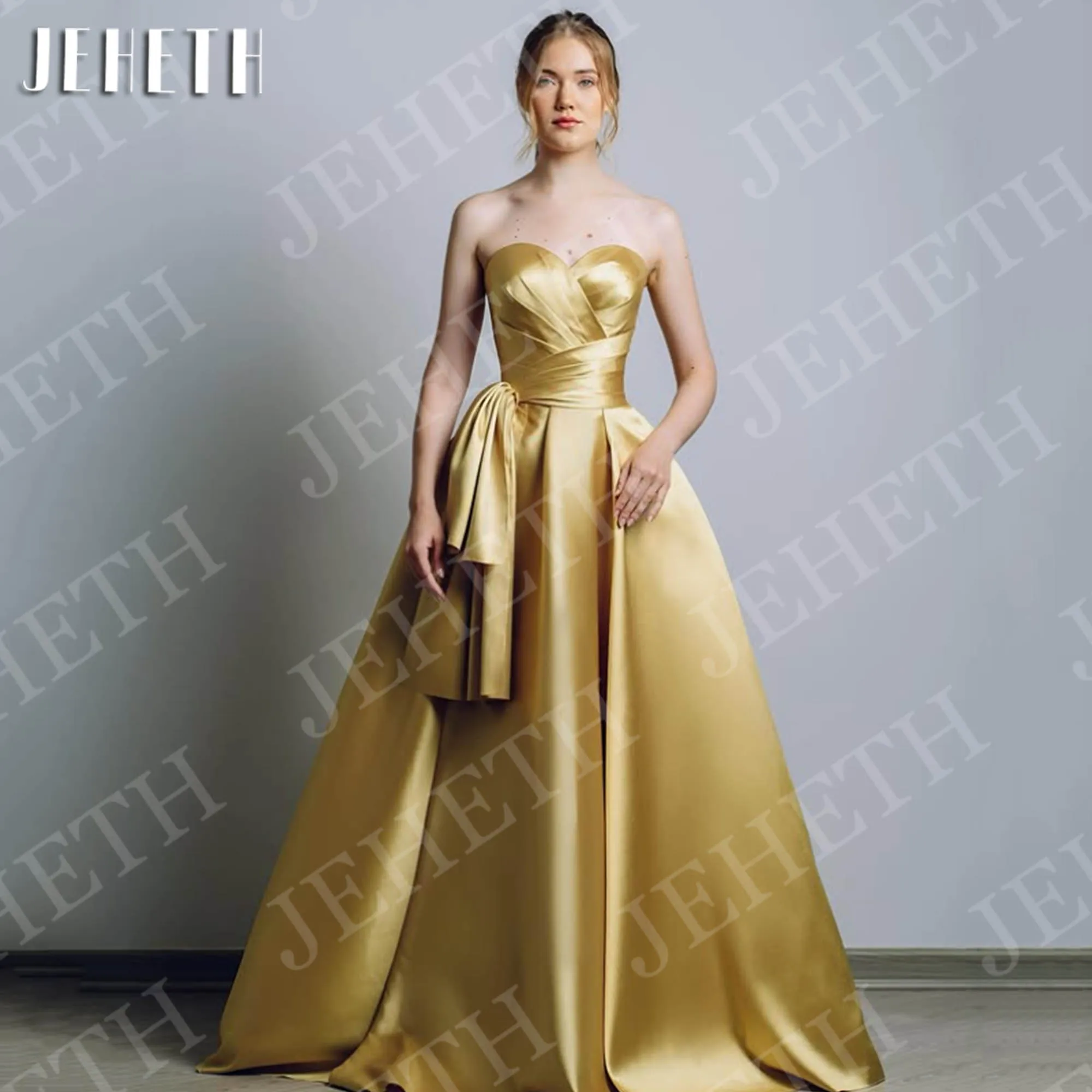 

JEHETH Gold Satin Evening Dress Elegant Strapless Sweetheart A Line Special Occasions Dresses Sleeveless Customized فساتين سهرة