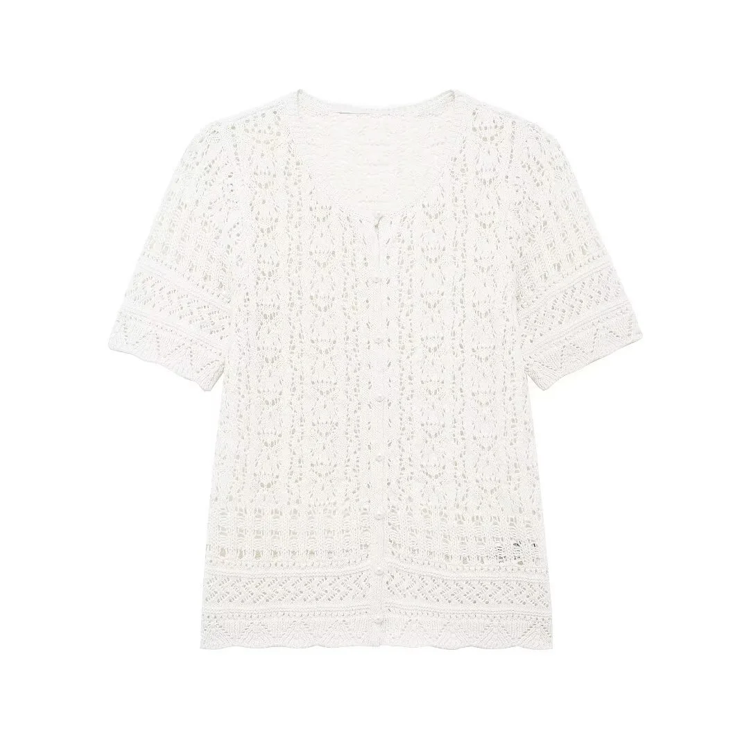 Tangada 2024 Summer Women Crochet Knitted Sweater Short Sleeve Female Crop Pullovers BE136