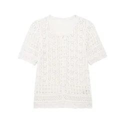 Tangada 2024 Summer Women Crochet Knitted Sweater Short Sleeve Female Crop Pullovers BE136