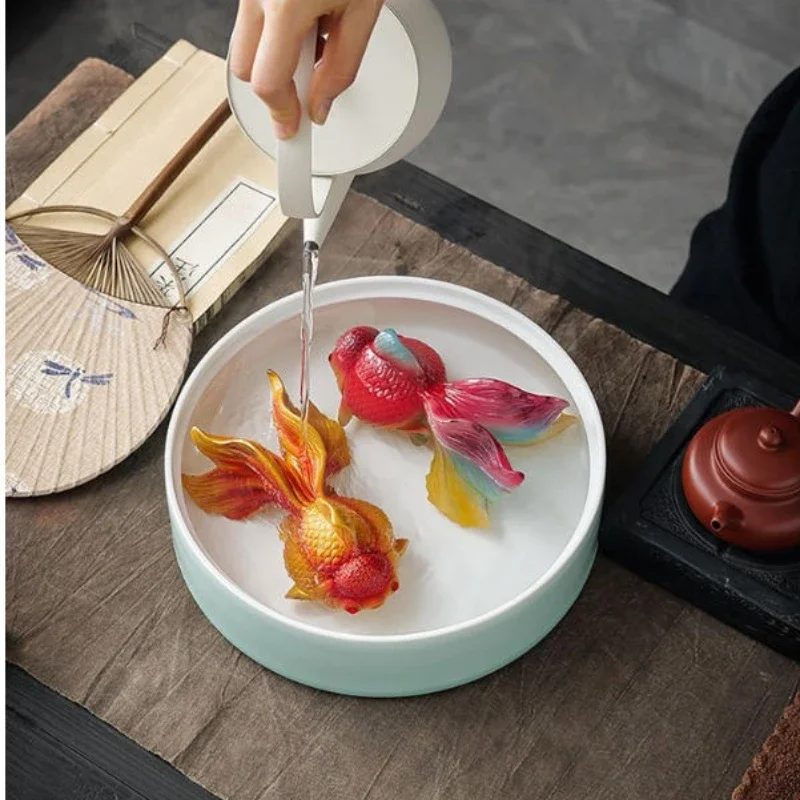 Lucky Goldfish Tea Pet Color Changing Craft Mini Fengshui Sculpture Home Office Tea Ceremony Desktop Decoration Sculpture