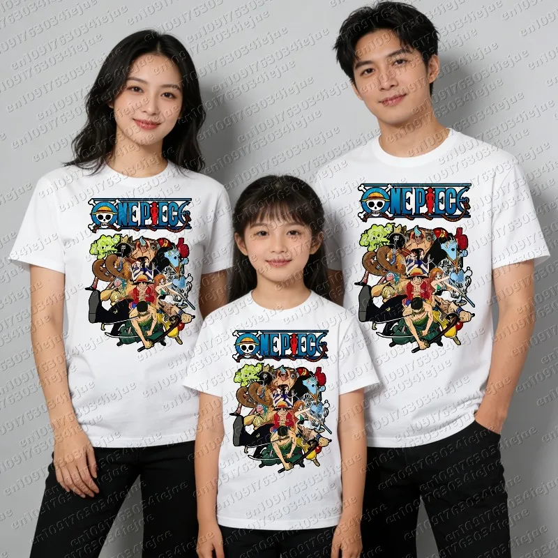 

2026 One Piece Anime Luffy Straw Hat Pirates Print Children’s T-shirt Summer Short Sleeve Cotton Tees Casual Kids/Adult Tops