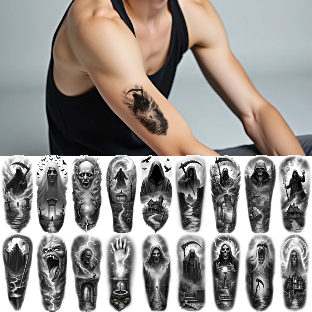 12pcs Temporary Tattoo Horror House Realistic Temporary Tattoos Witch Hand Ghost Black And Grey Realism Bats For Adults Men