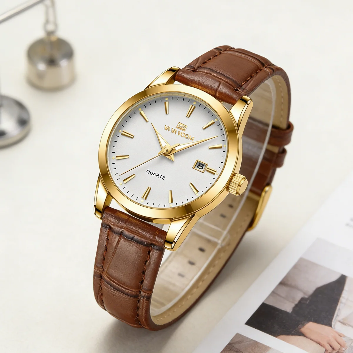 Leather Ladies Watch With 29mm Quartz Movement Brown Strap Gold Case Jewelry Clock Suitable Banquet Dressing & Daily Decoration