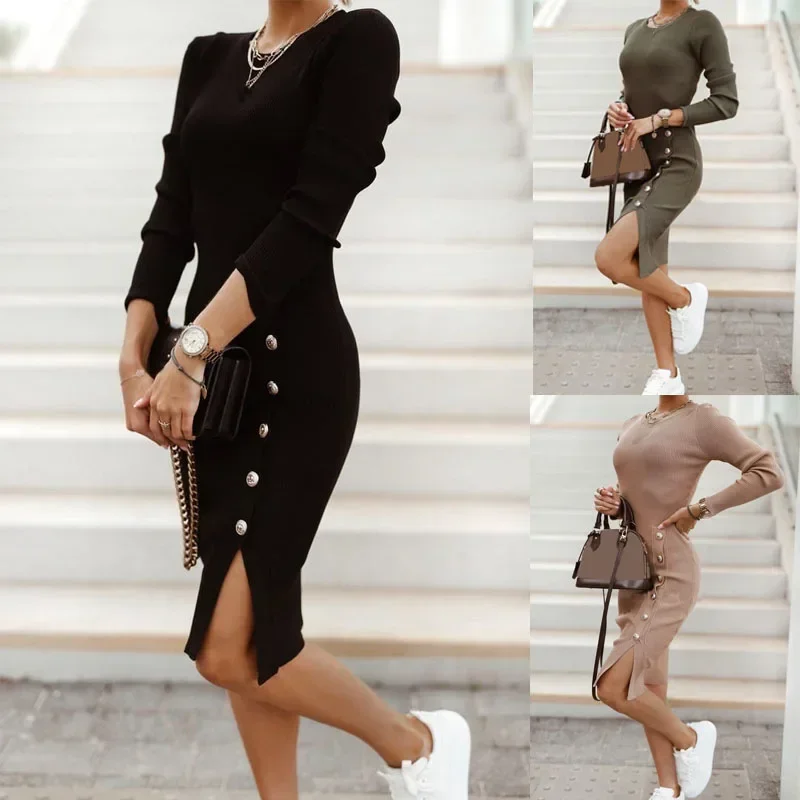 

2023 Sexy Bodycon Slit Knitted Dresses Women Autumn Long Sleeve High Waist Button Midi Dress Elegant O Neck Elastic Party Dress