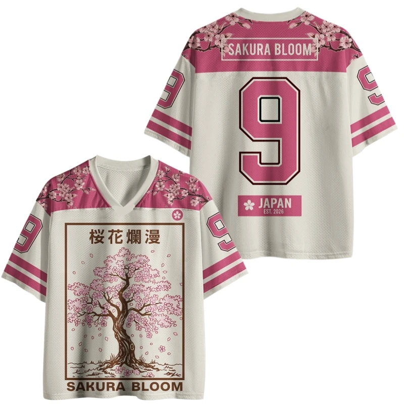 2026 Summer Japanese Sakura Harajuku Wind V-neck Shirt Adult/Kids Fashion Casual Y2K Top Mesh Breathable Quick Drying T-shirt