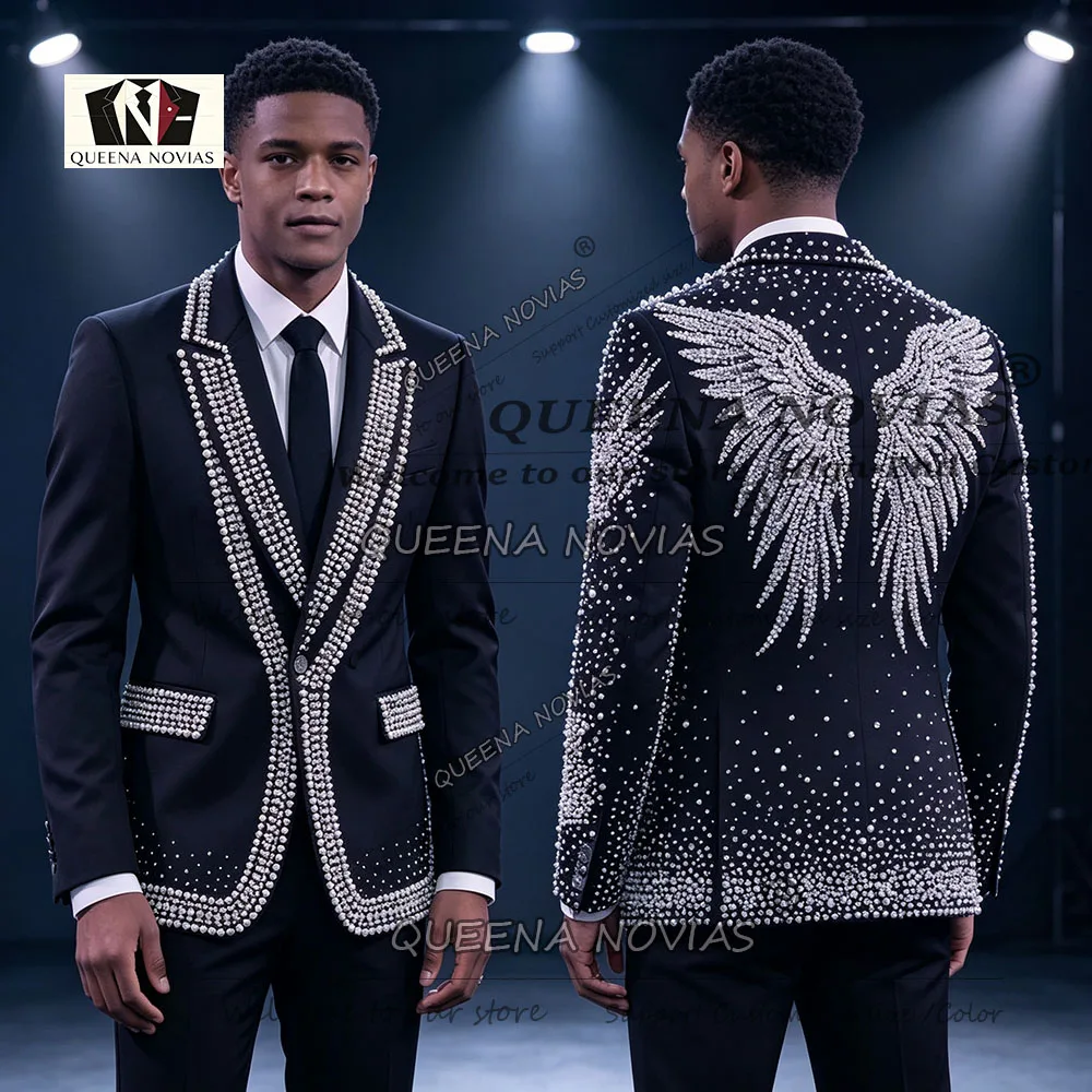 Man Heavy Rhinestone Beading Wedding Tuxedo Suit Sets 2 Piece Sets Single Breasted Jacket Pants Customized Men Banquet Clothes