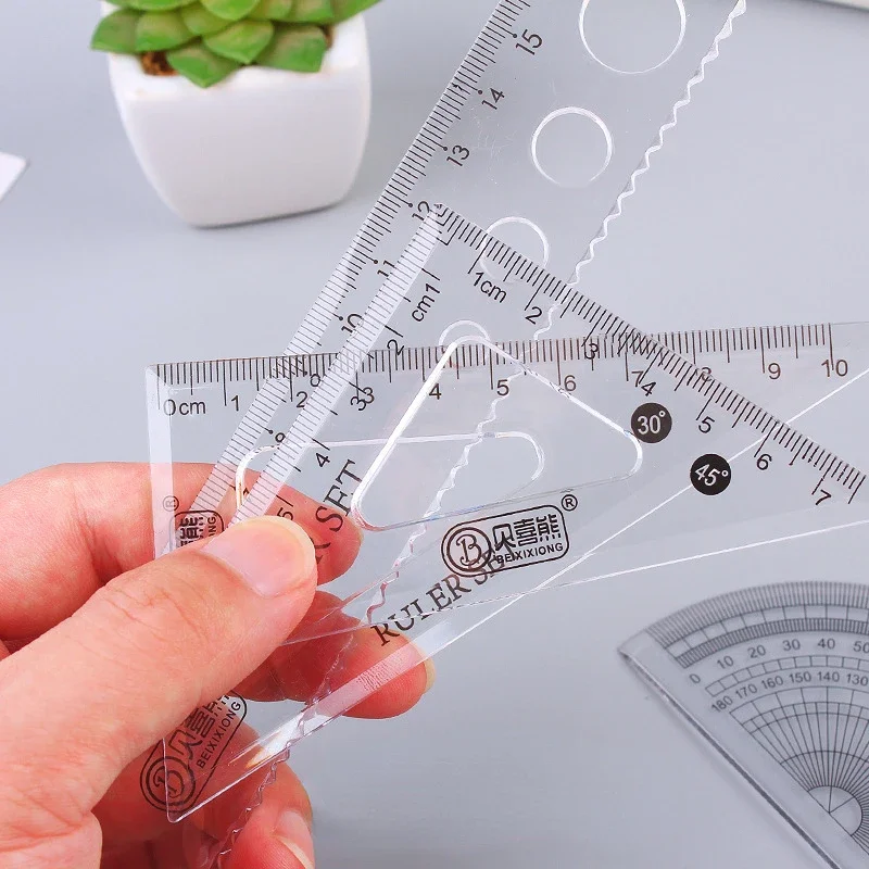 Straight Triangle Ruler, Protractor, 4pcs/set, School Office Supplies, Student Stationery, Drafting Drawing, Kawaii Cartoon