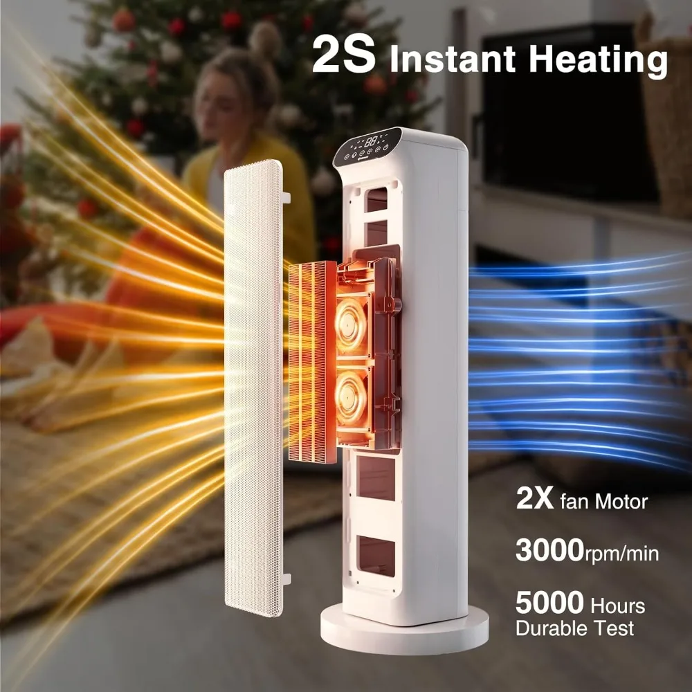 25 inch oscillating digital ceramic tower heater, suitable for indoor large rooms, with adjustable thermostat and 24-hour timer