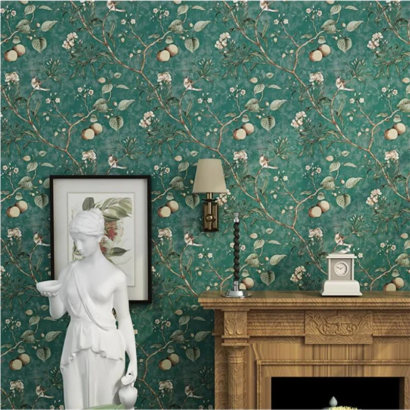 Self adhesive wallpaper home non-woven fabric wall sticker cozy bedroom American countryside retro flower and bird wall paper