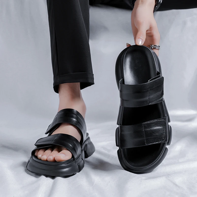 Men Black Leather Sandals with Thick Soles and No Tie Up Cuffs Trendy Comfortable Open-toe Outdoor Anti Slip Beach Shoes