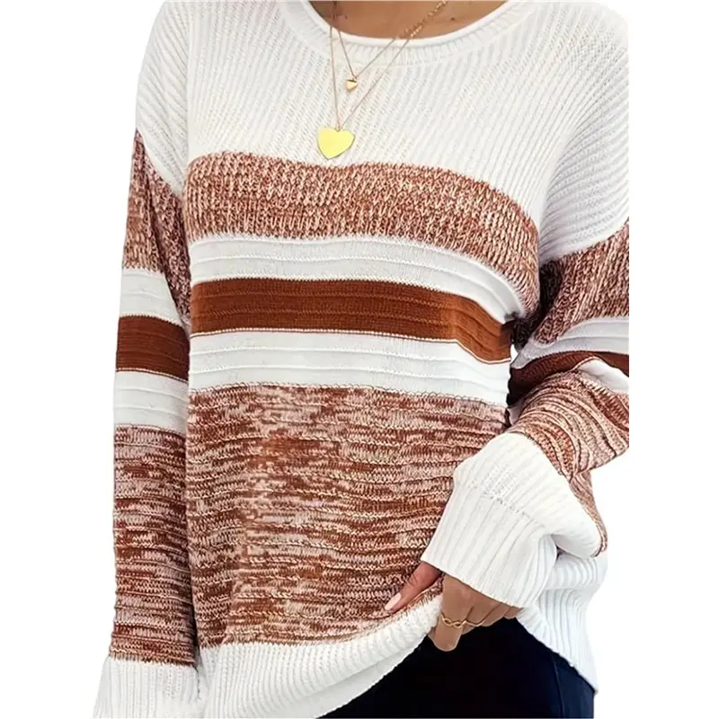 

CYL-Women's Striped Color Block Sweater Long Sleeve Crewneck Casual Loose Fit Soft Knit Sweater Pullover Tops