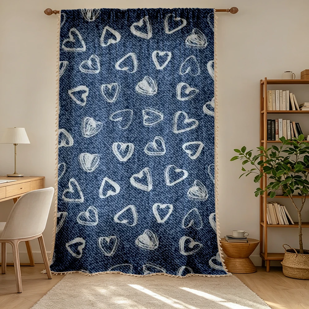1PC Valentine Tassel Sheer Curtains, Blue Heart Denim, Digital Print, Polyester, Bedroom Living Room Kitchen, Home Decor