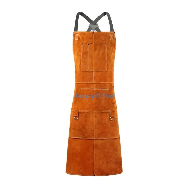 C7AB Premium Leather Welding Work Apron Fireproof Insulated For Welding Forging BBQ Cooking With Multiple Pockets