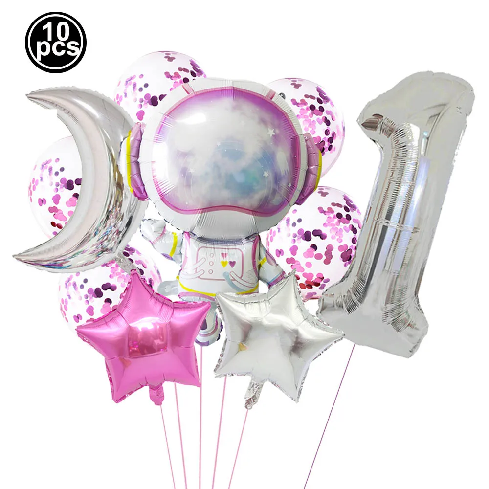 10 Stück rosa Astronaut 40 Zoll 0-9 Zahlen Ballon Set Mond Sterne Mädchen Kinder Weltraum Galaxy Thema Geburtstag Party Dekoration