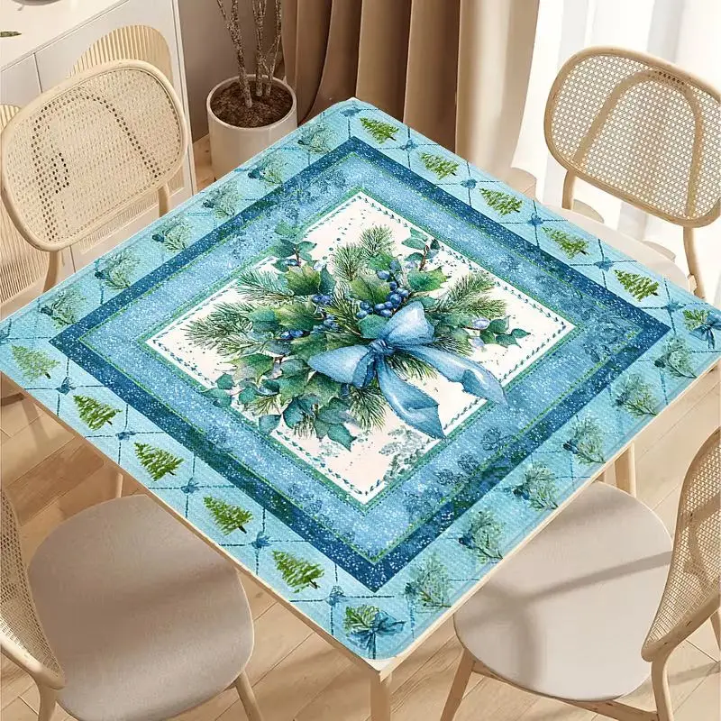 VIKAMA Winter Blue Christmas Mahjong Table Mat Pine Berry Bow Xmas Game Cover Square 4 Player Non Slip Family Game Night Decor