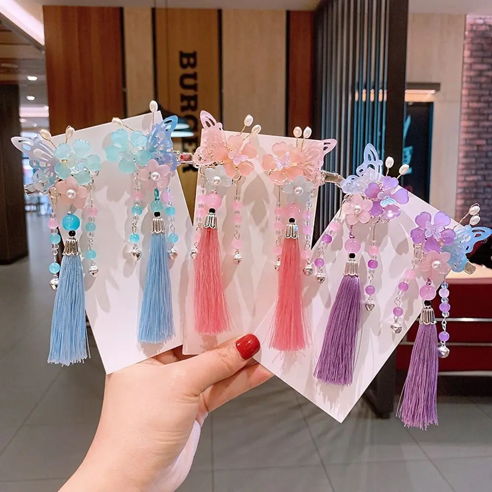 2Pcs/Set Hanfu Hair Clips Cute Flower Butterfly Hairpin For Kids Lovely Long Tassel Barrettes Sweet Hair Accessories